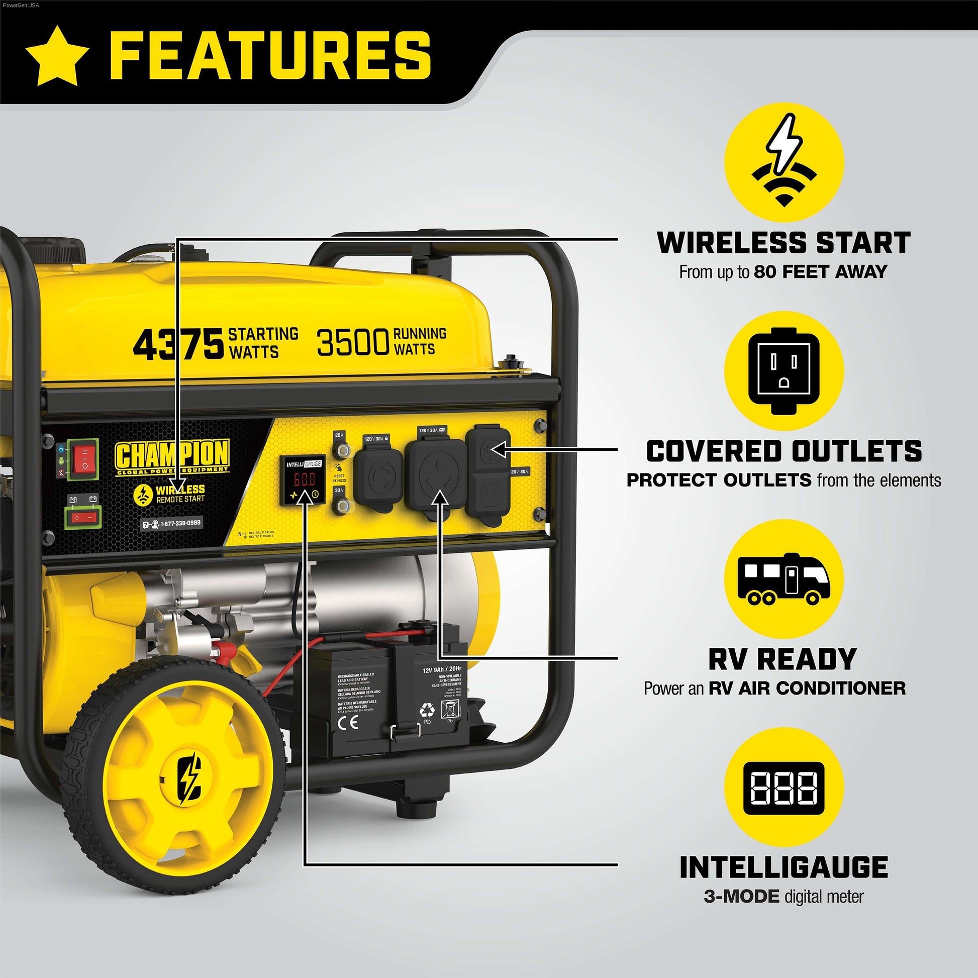 Gas Generators - Champion 3500-Watt RV Ready Portable Generator With Wireless Remote Start (CARB)