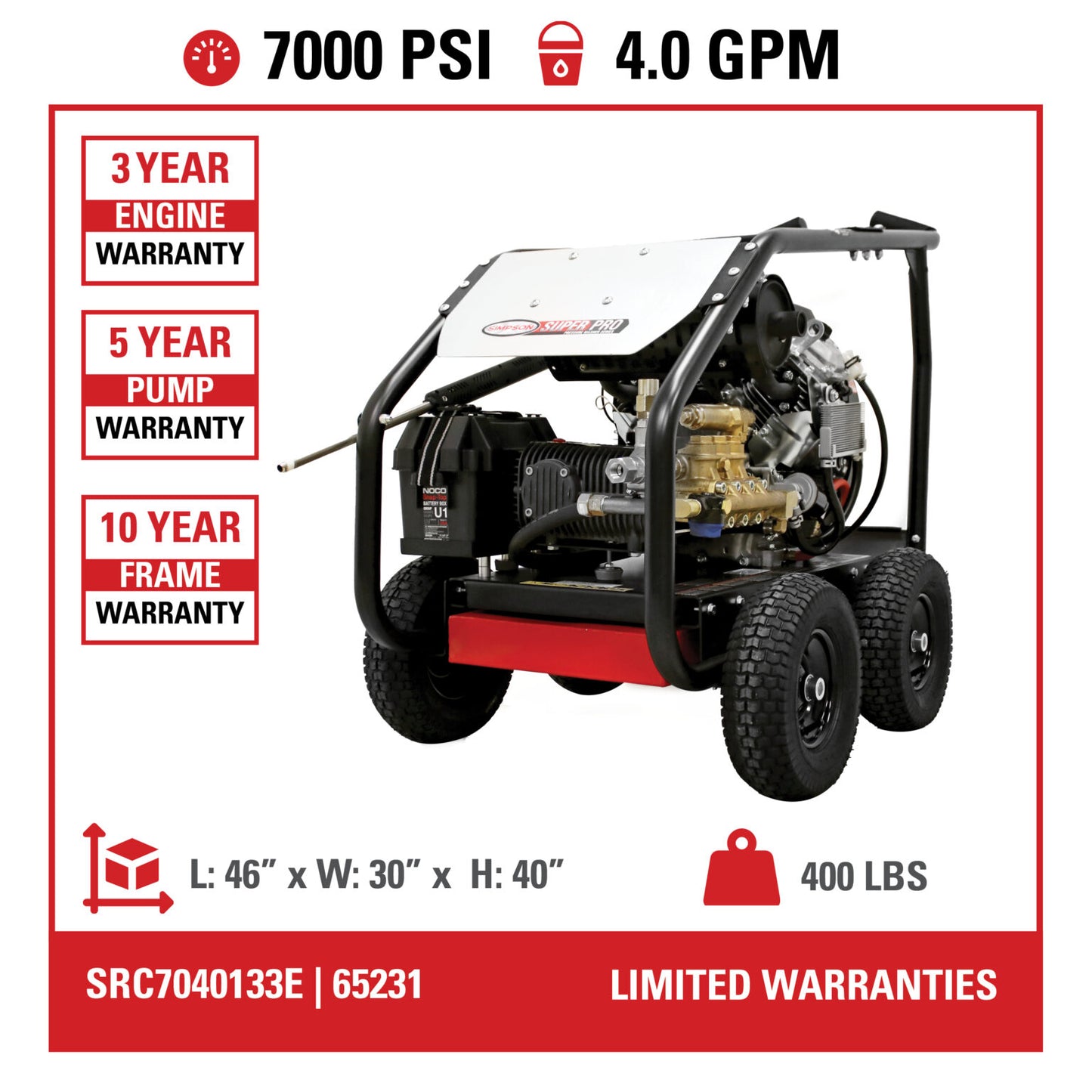 SIMPSON SuperPro Roll-Cage SRC7040133E 7000 PSI at 4.0 GPM CRX® 750 with COMET Triplex Plunger Pump Cold Water Professional Gear Drive Gas Pressure Washer- PowerGen USA