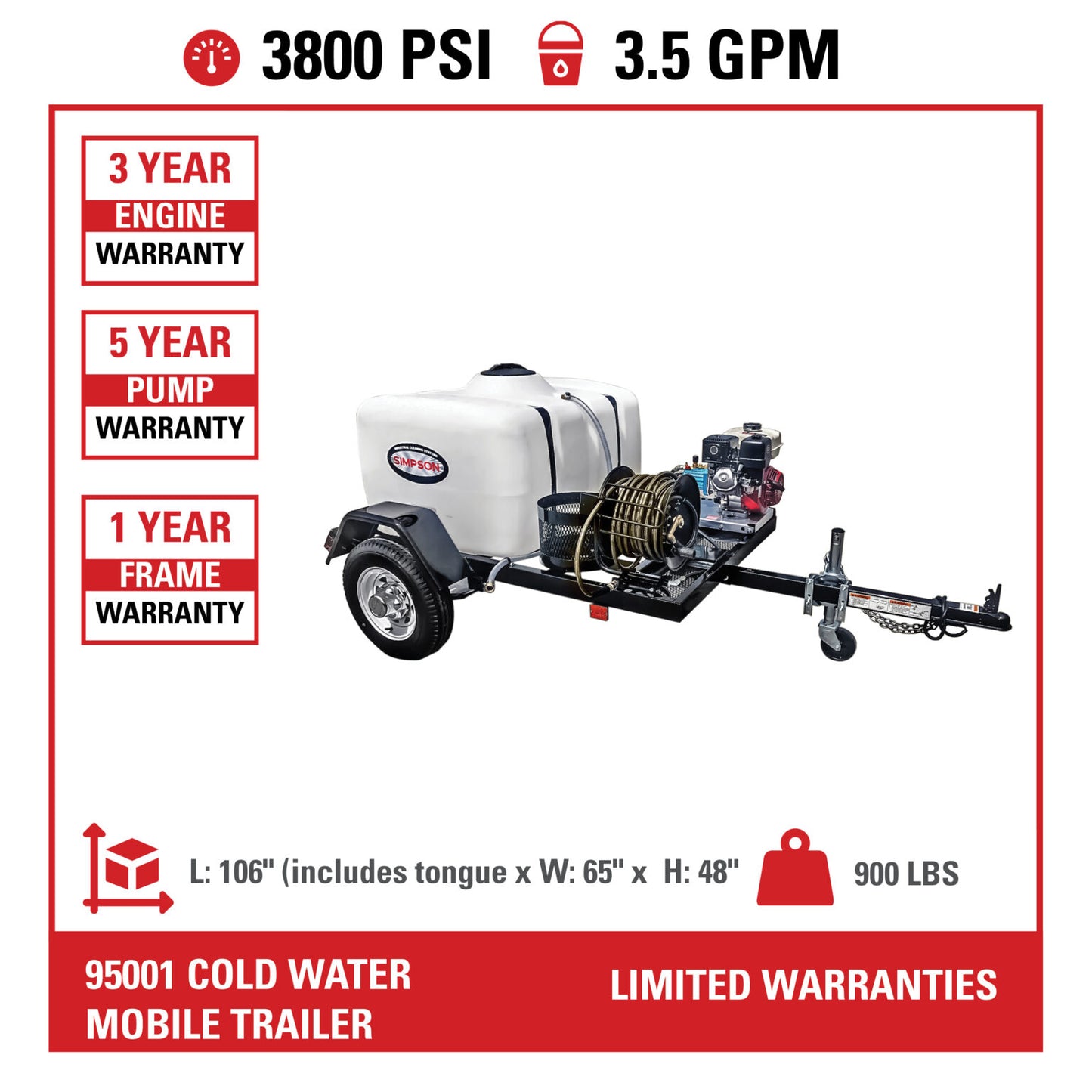 SIMPSON Mobile Trailer 95001 3800 PSI at 3.5 GPM HONDA® GX270 with CAT® Triplex Plunger Pump Cold Water Professional Gas Pressure Washer Trailer- PowerGen USA