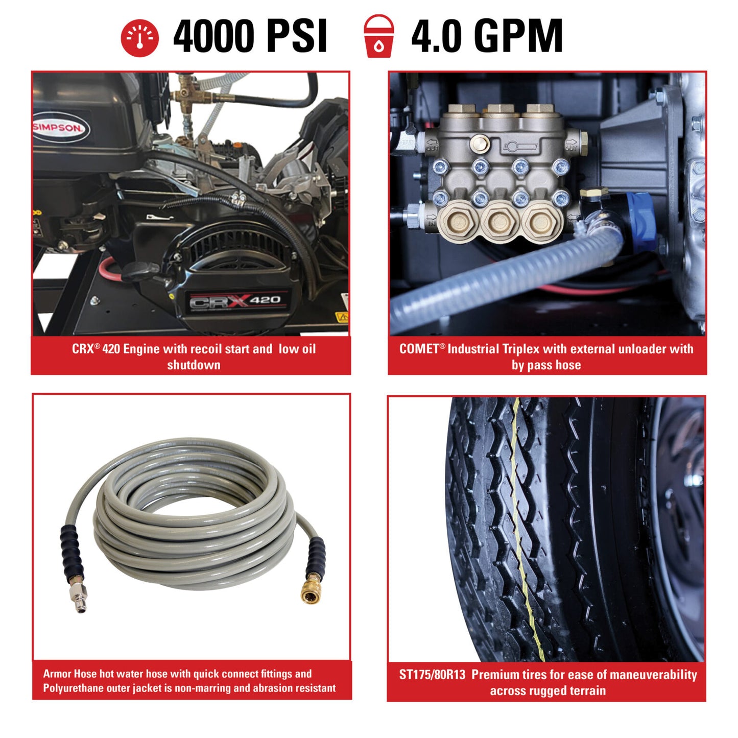 SIMPSON Mobile Trailer 95016 4000 PSI at 4.0 GPM CRX® 420cc with COMET Triplex Plunger Pump Hot Water Professional Gas- PowerGen USA