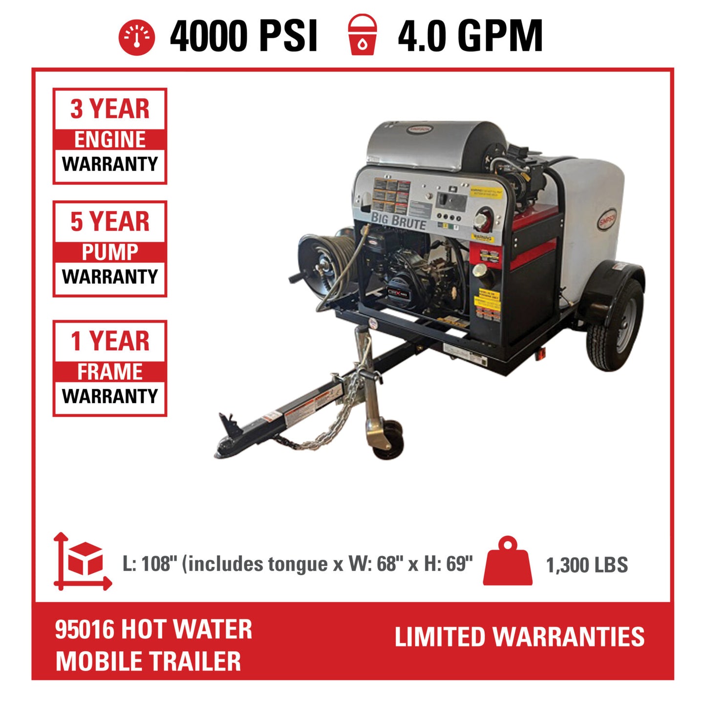 SIMPSON Mobile Trailer 95016 4000 PSI at 4.0 GPM CRX® 420cc with COMET Triplex Plunger Pump Hot Water Professional Gas- PowerGen USA