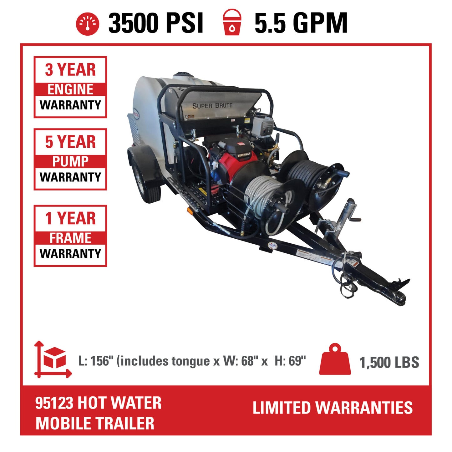 SIMPSON Mobile Trailer 95123 3500 PSI at 5.5 GPM HONDA®GX690 with General Triplex Plunger Pump Hot Water Professional Gas Pressure Washer Trailer- PowerGen USA