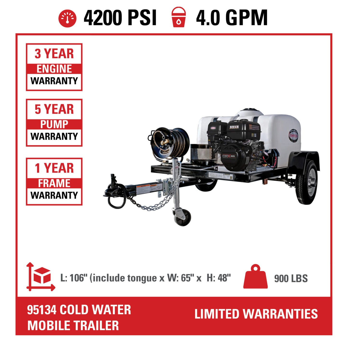 SIMPSON Mobile Trailer TRDB4240162E 4200 PSI at 4.0 GPM with CRX®420 CAT® Triplex Plunger Pump Cold Water Professional Gas Pressure Washer Trailer- PowerGen USA