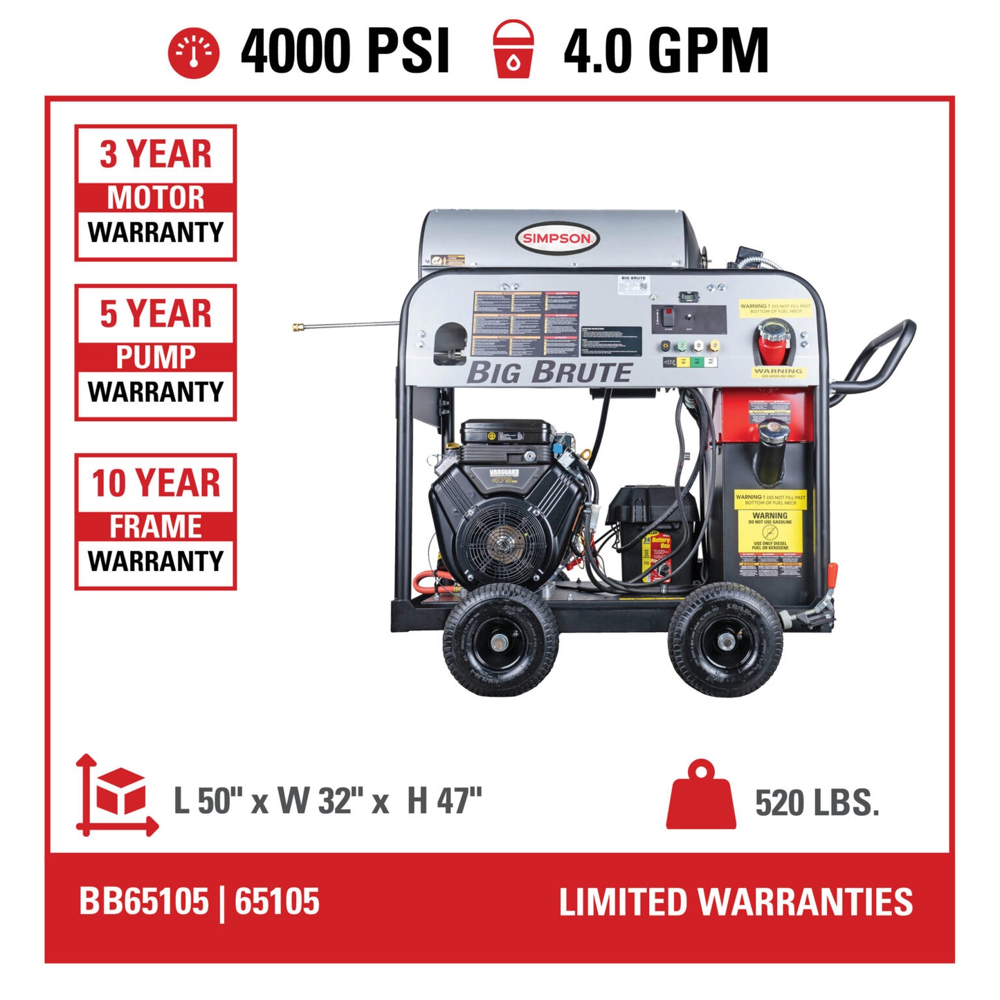 SIMPSON Big Brute BB65105 4000 PSI at 4.0 GPM VANGUARD® V-Twin with COMET Triplex Plunger Pump Hot Water Professional Gas Pressure Washer- PowerGen USA