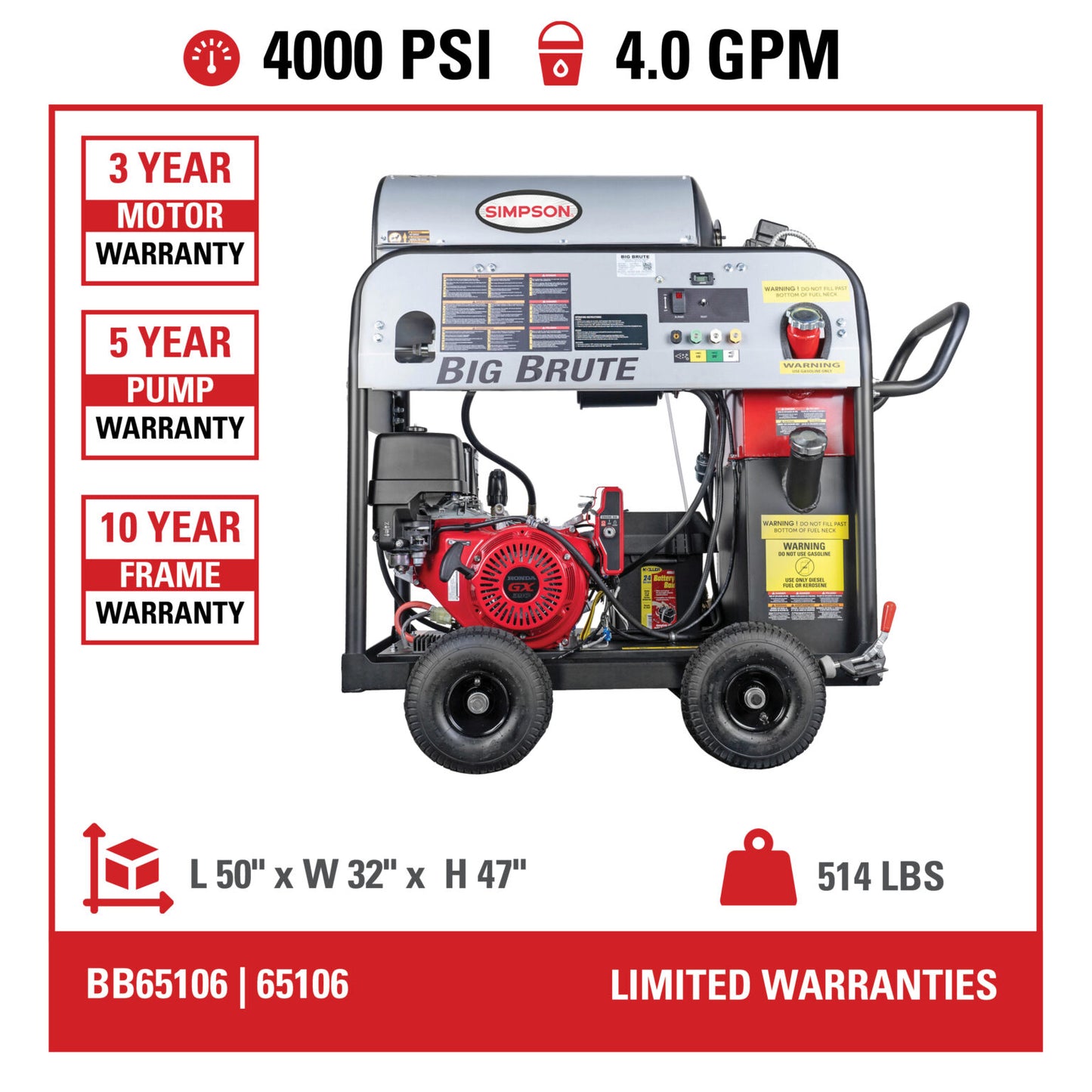 SIMPSON Big Brute BB65106 4000 PSI at 4.0 GPM HONDA® GX390 with COMET Triplex Plunger Pump Hot Water Professional Gas Pressure Washer- PowerGen USA