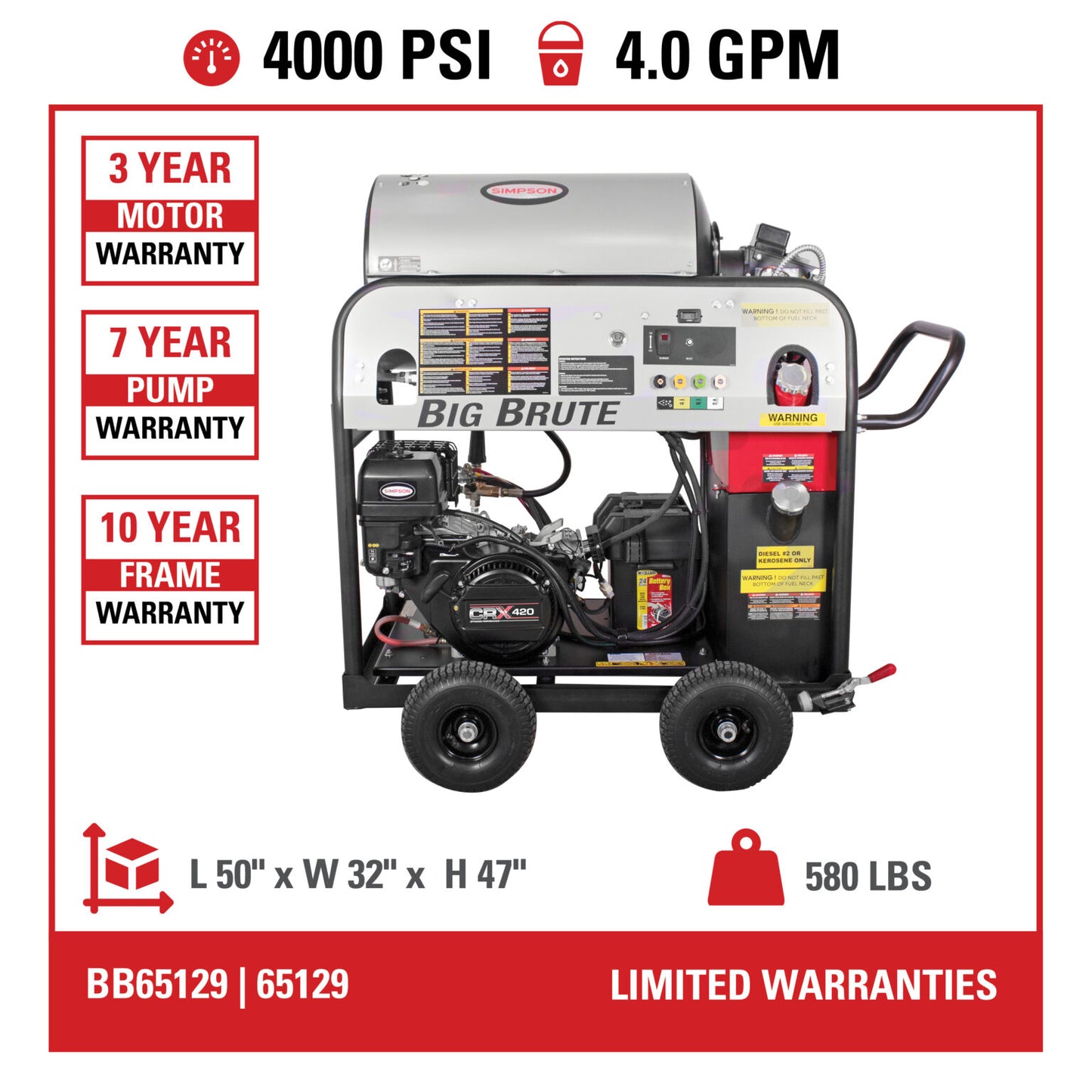 SIMPSON Big Brute BB65129 4000 PSI at 4.0 GPM CRX® 420 with Comet Industrial Triplex Pump Hot Water Professional Gas Pressure Washer- PowerGen USA