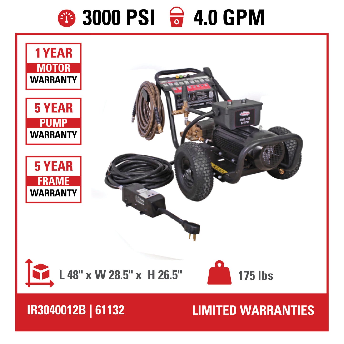 SIMPSON Rental Series IR3040012B 3000 PSI at 4.0 GPM SIMPSON Cold Water Industrial Electric Pressure Washer- PowerGen USA
