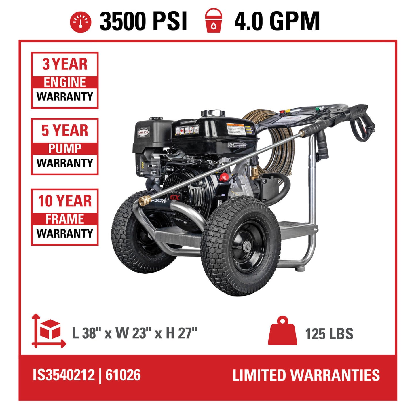 SIMPSON IS3540212 Industrial Series IS61026 49-State 3500 PSI at 4.0 GPM HONDA® GX270 with AAA® Triplex Plunger Pump Cold Water Gas Professional Pressure Washer- PowerGen USA