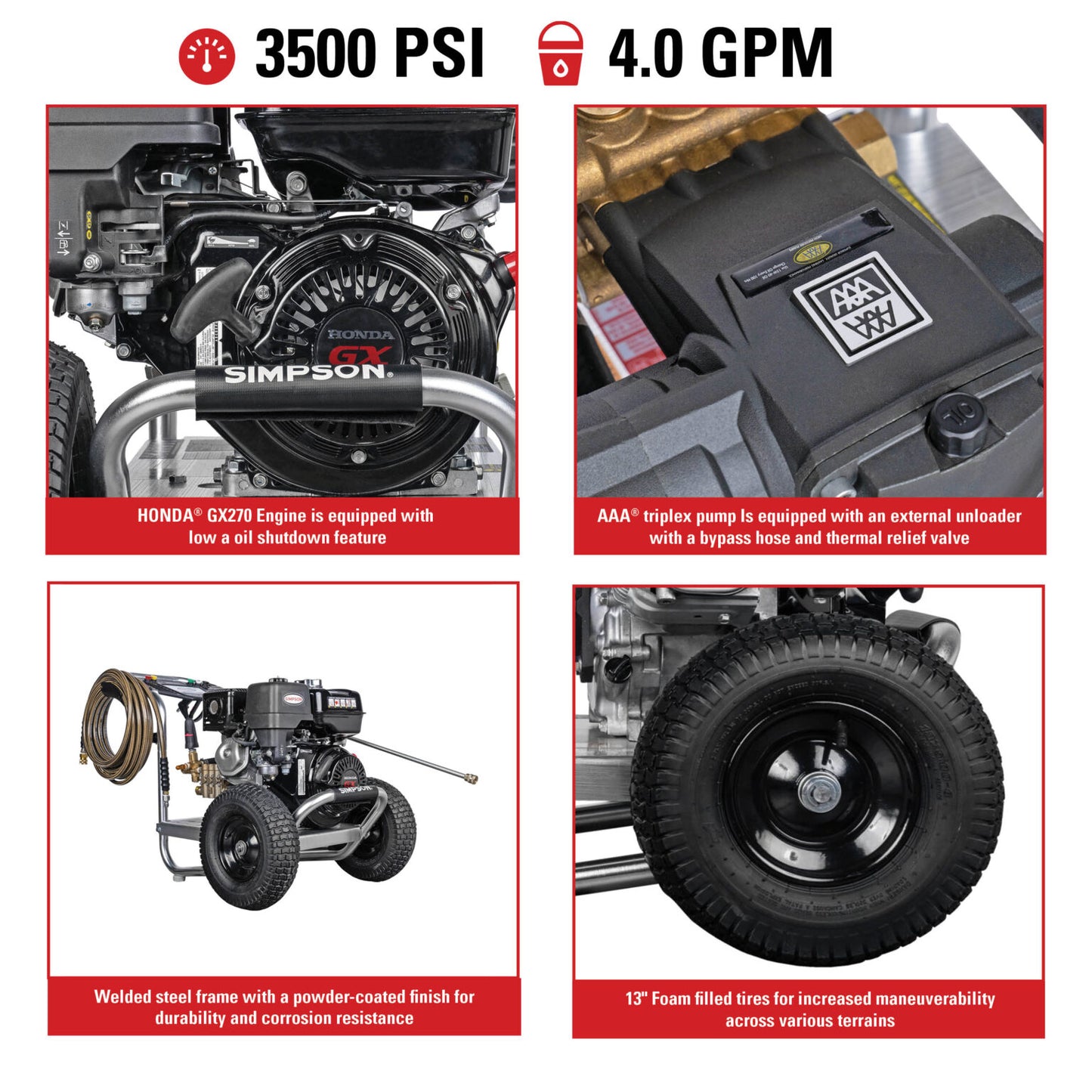 SIMPSON IS3540212 Industrial Series IS61026 49-State 3500 PSI at 4.0 GPM HONDA® GX270 with AAA® Triplex Plunger Pump Cold Water Gas Professional Pressure Washer- PowerGen USA