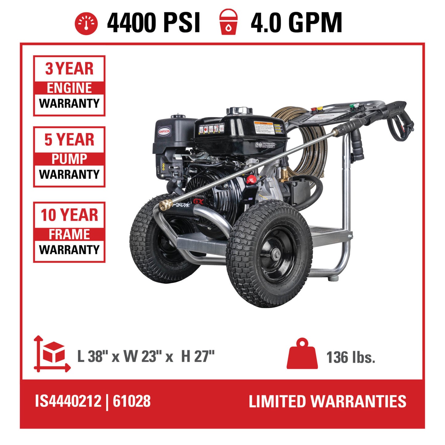 SIMPSON Industrial Series IS61028 4400 PSI at 4.0 GPM HONDA® GX390 with AAA® Triplex Plunger Pump Cold Water Gas Professional Pressure Washer- PowerGen USA