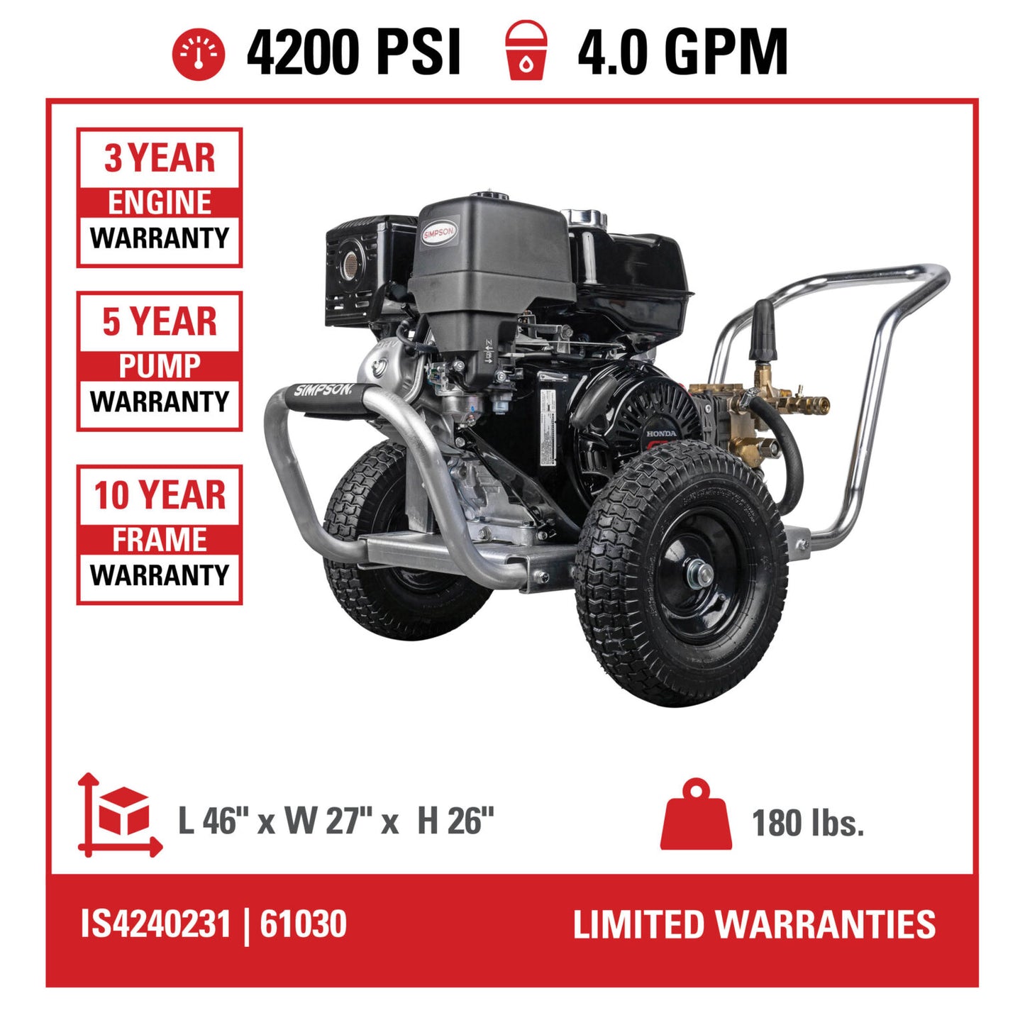 SIMPSON IS4240211 Industrial Series IS61030 49-State 4200 PSI at 4.0 GPM HONDA® GX390 with COMET Triplex Plunger Pump Cold Water Professional Belt Drive Gas Pressure Washer- PowerGen USA