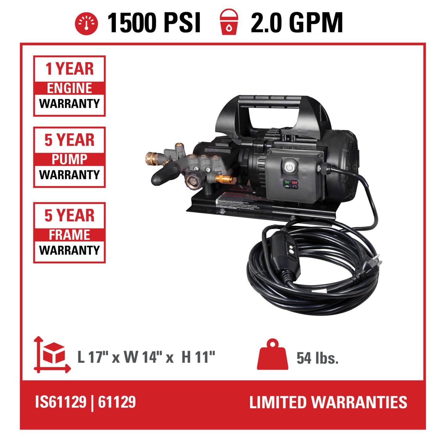 SIMPSON IS1520012 Industrial Series IS61129 1500 PSI at 2.0 GPM 120V Electric Motor with AAA® Triplex Plunger Cold Water Professional Electric Pressure Washer- PowerGen USA
