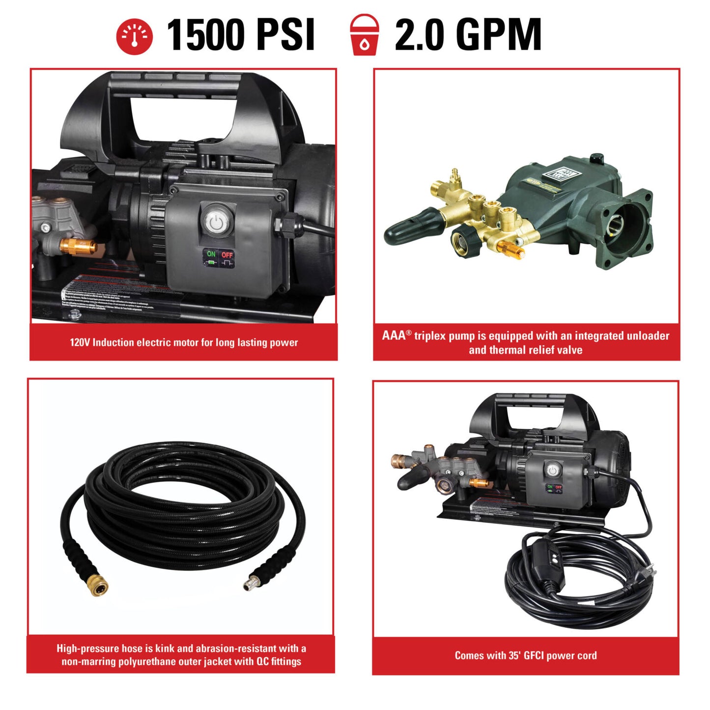 SIMPSON IS1520012 Industrial Series IS61129 1500 PSI at 2.0 GPM 120V Electric Motor with AAA® Triplex Plunger Cold Water Professional Electric Pressure Washer- PowerGen USA