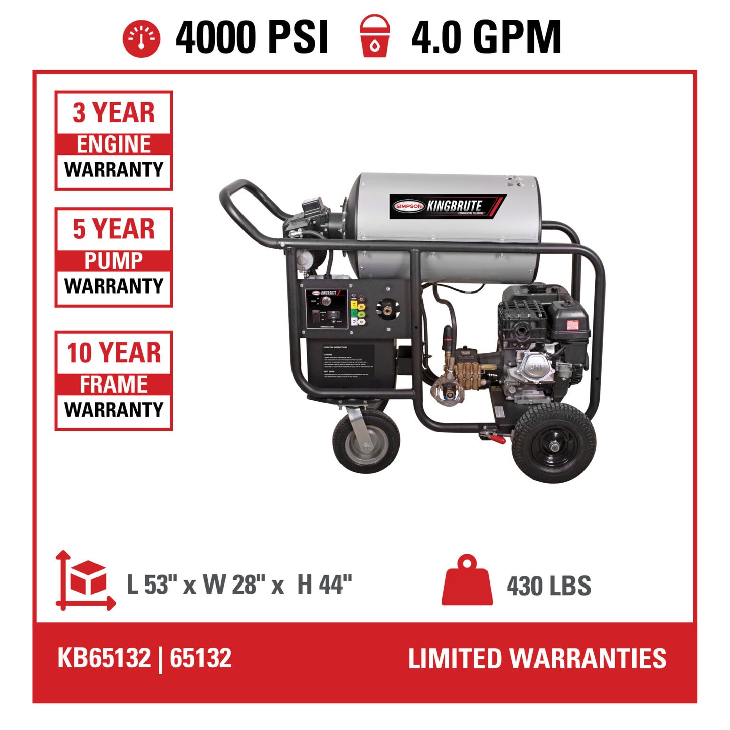 SIMPSON King Brute KB65132 4000 PSI at 4.0 GPM CRX® 420 with AAA® Industrial Triplex Pump Hot Water Professional Gas Pressure Washer- PowerGen USA