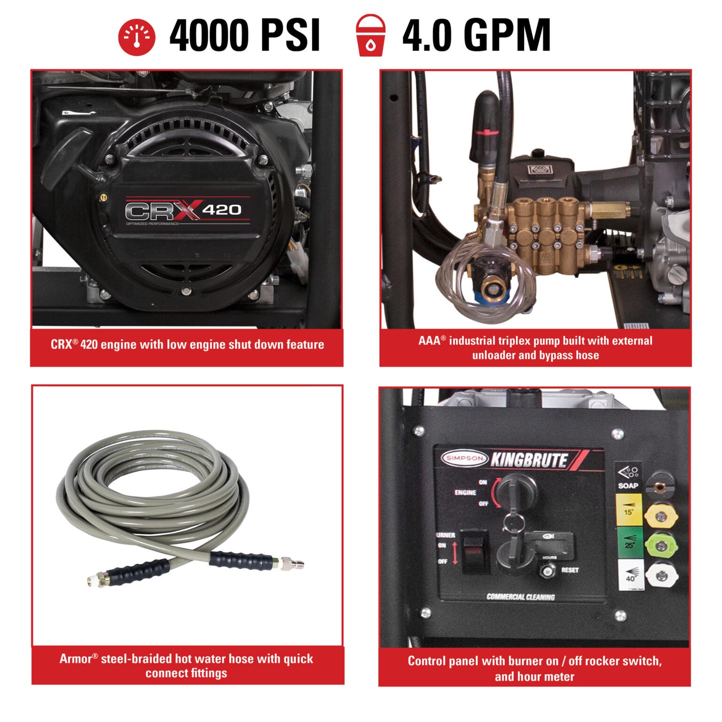 SIMPSON King Brute KB65132 4000 PSI at 4.0 GPM CRX® 420 with AAA® Industrial Triplex Pump Hot Water Professional Gas Pressure Washer- PowerGen USA