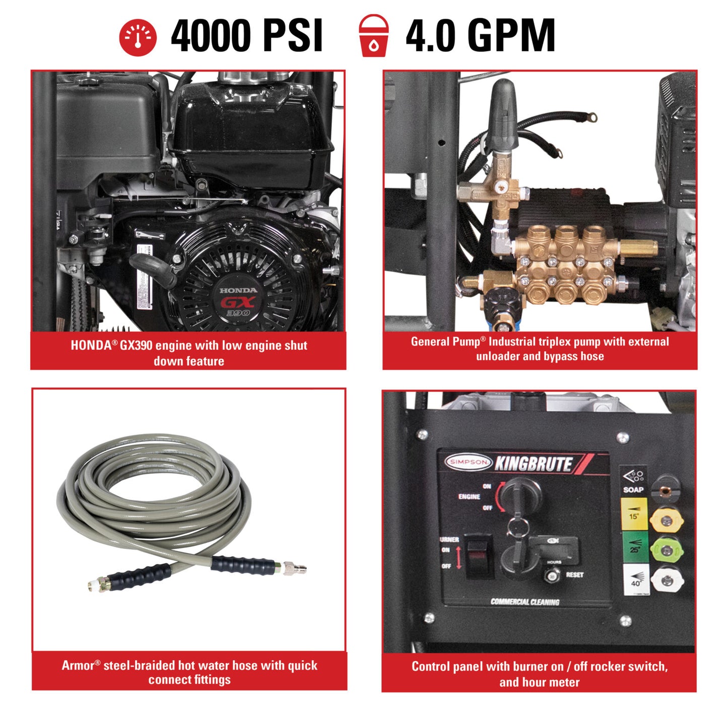SIMPSON King Brute KB65133 4000 PSI at 4.0 GPM HONDA® with General Pump® Industrial Triplex Pump Hot Water Professional Gas Pressure Washer- PowerGen USA