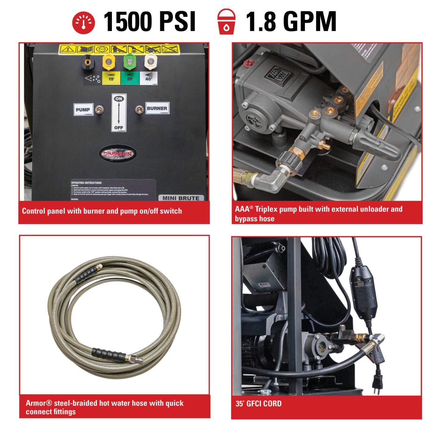 SIMPSON Mini Brute MB1518 1500 PSI at 1.8 GPM with Triplex Pump Hot Water Professional Electric Pressure Washer- PowerGen USA