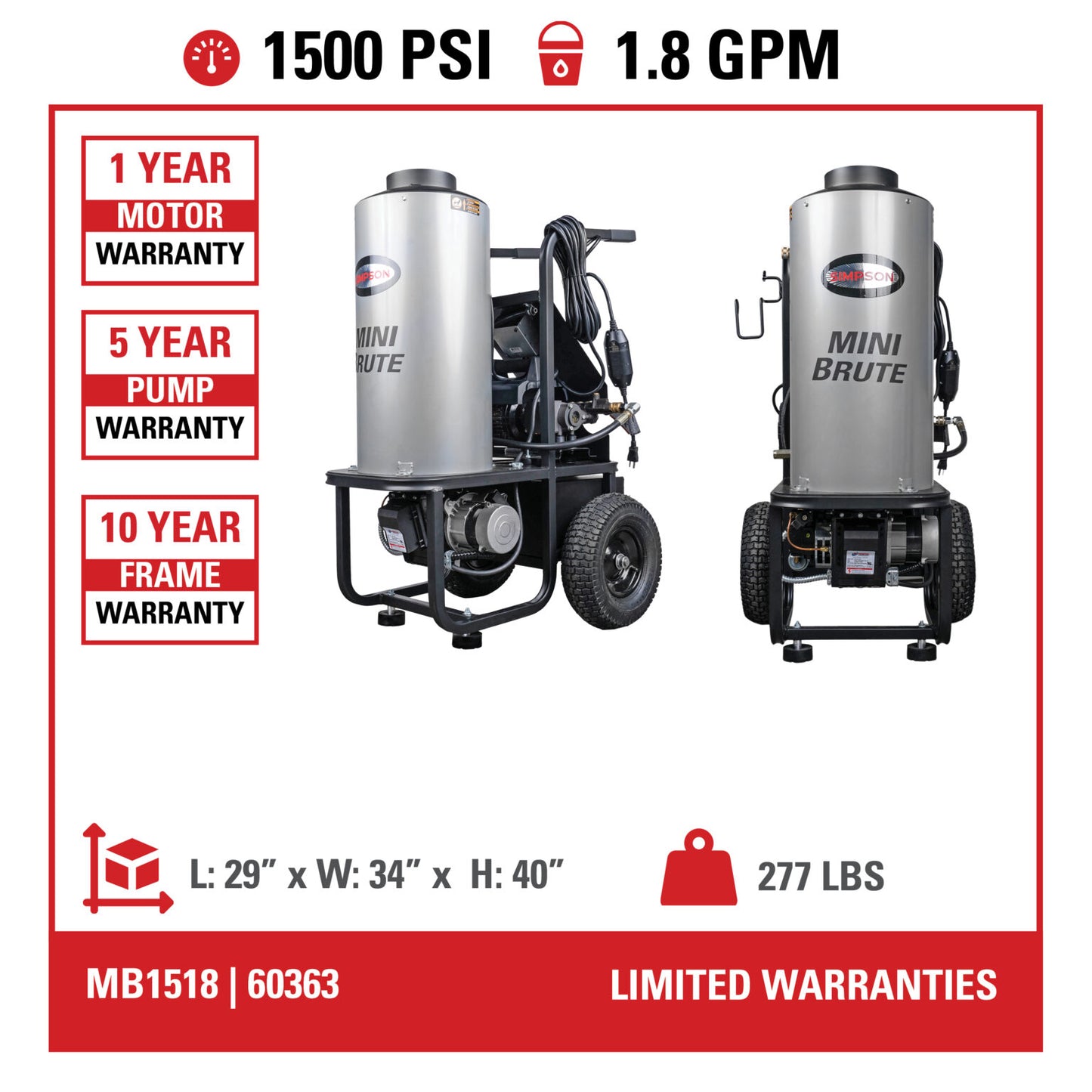 SIMPSON Mini Brute MB1518 1500 PSI at 1.8 GPM with Triplex Pump Hot Water Professional Electric Pressure Washer- PowerGen USA