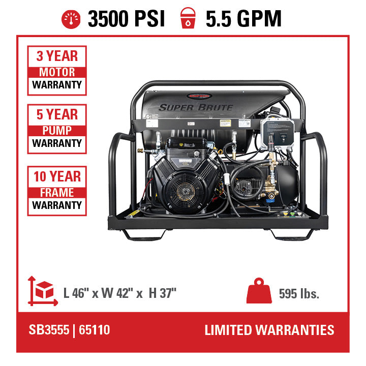SIMPSON Super Brute SB3555 3500 PSI at 5.5 GPM VANGUARD® 627cc with COMET Triplex Plunger Pump Hot Water Professional Gas Pressure Washer-PowerGen USA