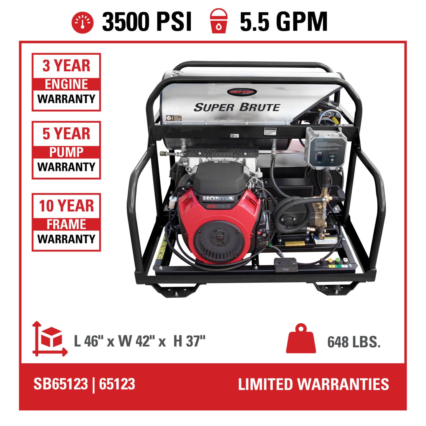 SIMPSON Super Brute SB65123 3500 PSI at 5.5 GPM HONDA® GX690 with General Pump Triplex Plunger Pump Hot Water Professional Gas Pressure Washer- PowerGen usa