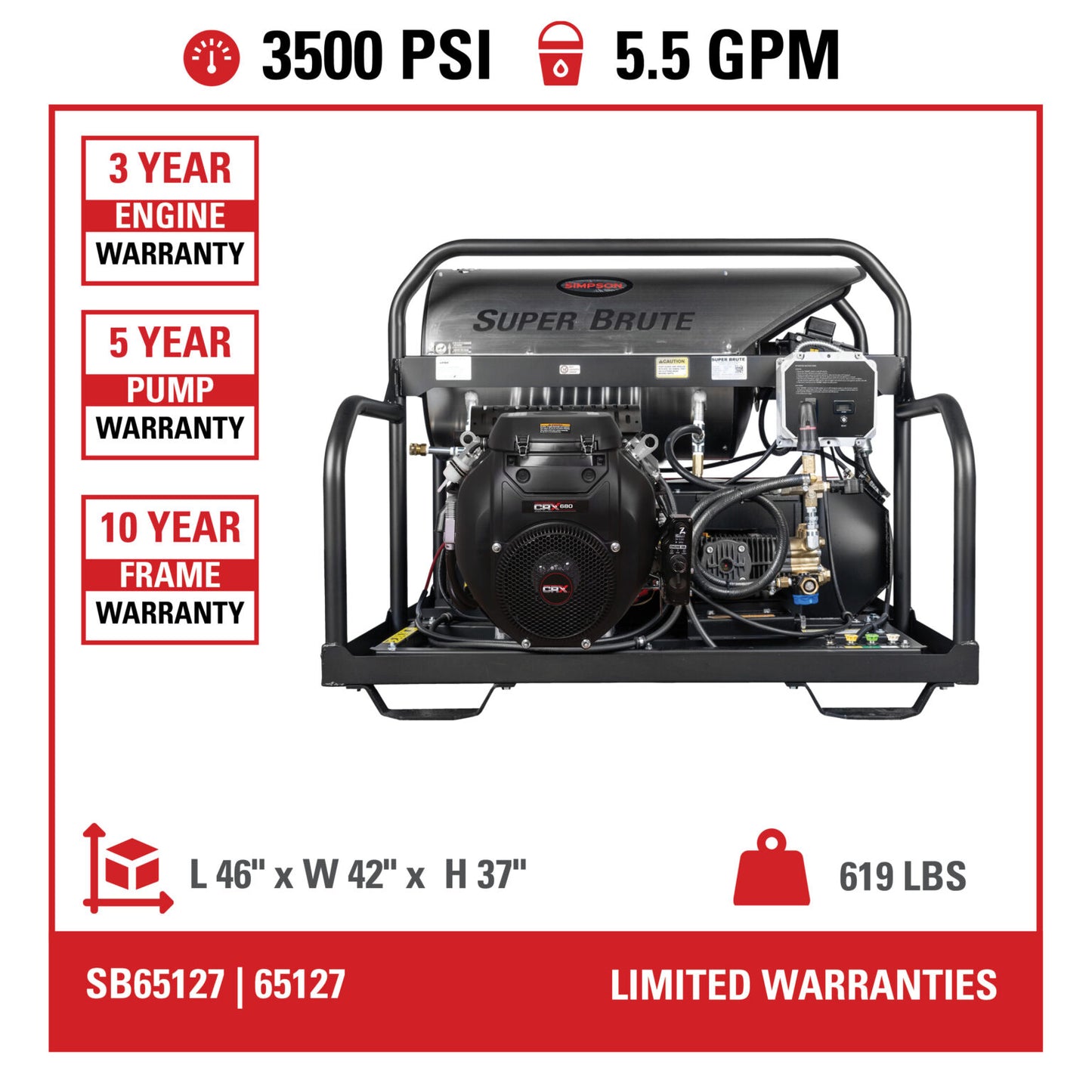 SIMPSON Super Brute SB65127 3500 PSI at 5.5 GPM CRX® 680 with COMET Pump Industrial Triplex Hot Water Professional Gas Pressure Washer- PowerGen USA