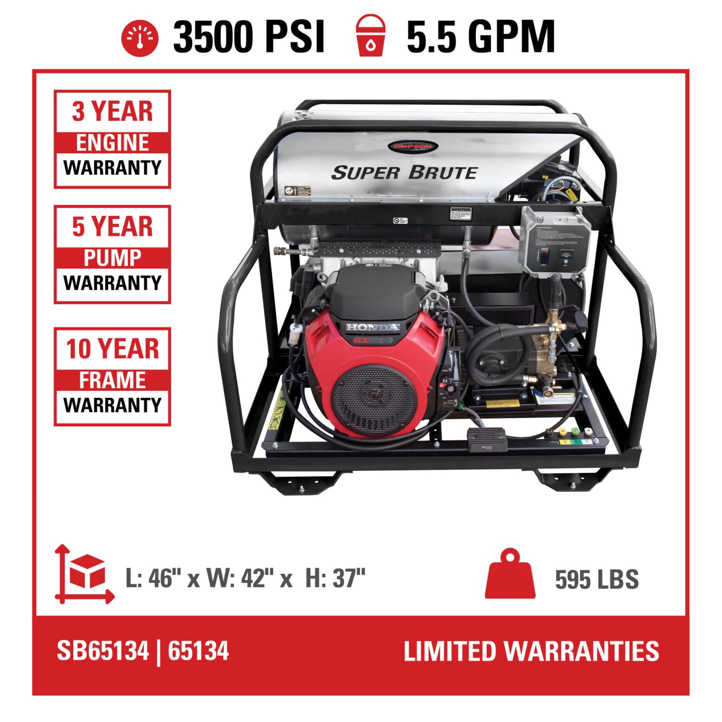 SIMPSON Super Brute SB65134 3500 PSI at 5.5 GPM HONDA® GX690 with COMET Pump Industrial Triplex Hot Water Professional Gas Pressure Washer- PowerGen USA