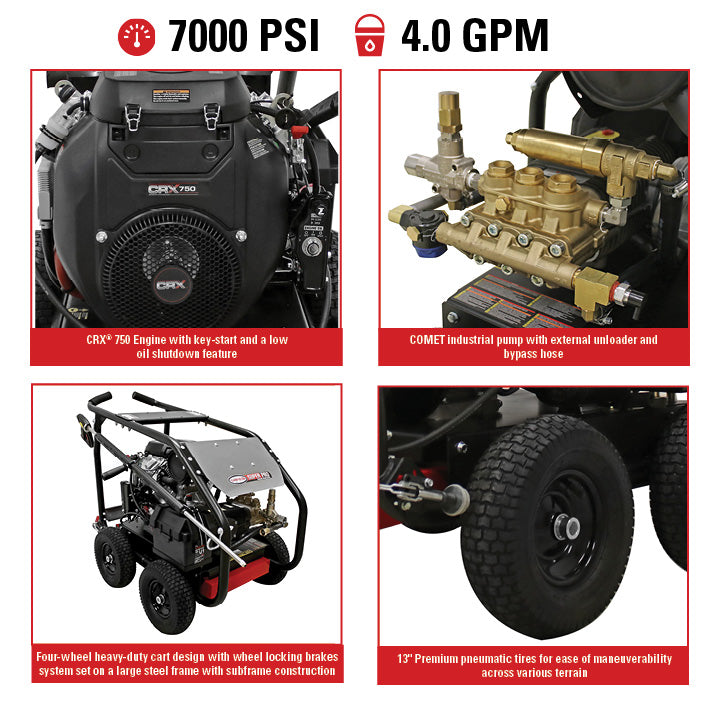 SIMPSON SuperPro Roll-Cage SRC7040133E 7000 PSI at 4.0 GPM CRX® 750 with COMET Triplex Plunger Pump Cold Water Professional Gear Drive Gas Pressure Washer- PowerGen USA
