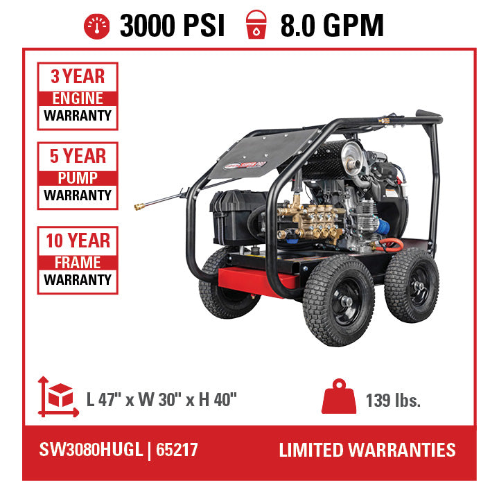 SIMPSON SuperPro Roll-Cage SW3080HUGL 3000 PSI at 8.0 GPM HONDA® GX690 with UDOR Triplex Plunger Pump Cold Water Professional Gear Drive Gas Pressure Washer- PowerGen USA