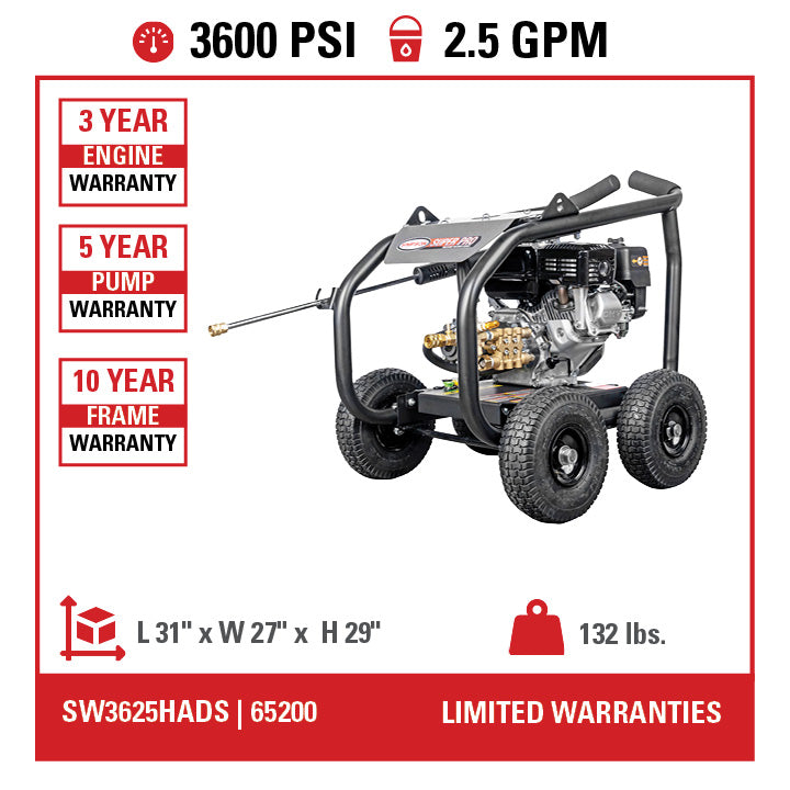 SIMPSON SuperPro Roll-Cage SW3625HADS 3600 PSI at 2.5 GPM HONDA® GX200 with AAA® Triplex Plunger Cold Water Professional Gas Pressure Washer- PowerGen USA