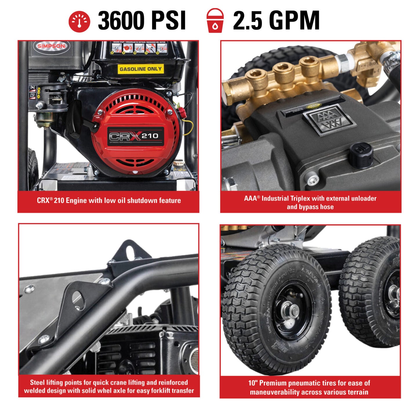 SIMPSON SuperPro Roll-Cage SW3625SADS 3600 PSI at 2.5 GPM CRX® 210 with AAA® Triplex Plunger Pump Cold Water Professional Gas Pressure Washer- PowerGen USA