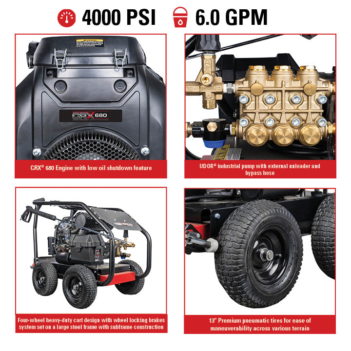 SIMPSON SuperPro Roll-Cage SW4060SUGL 4000 PSI at 6.0 GPM CRX® 680 with UDOR Triplex Plunger Pump Cold Water Professional Gear Drive Gas Pressure Washer- PowerGen USA