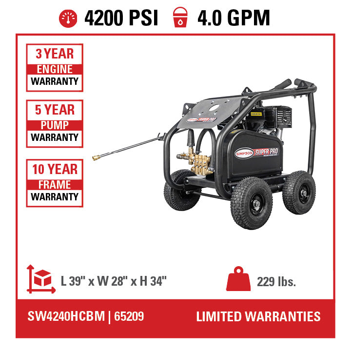 SIMPSON SuperPro Roll-Cage SW4240HCBM 4200 PSI at 4.0 GPM HONDA GX390 with AAA® Triplex Plunger Pump Cold Water Professional- PowerGen USA