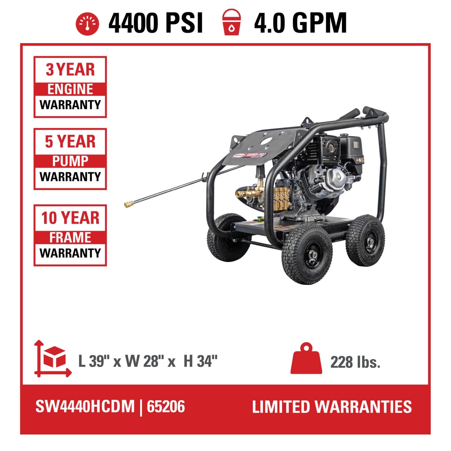 SIMPSON SuperPro Roll-Cage SW4440HCDM 4400 PSI at 4.0 GPM HONDA GX390 with AAA® Triplex Plunger Pump Cold Water Professional Gas Pressure Washer- PowerGen USA