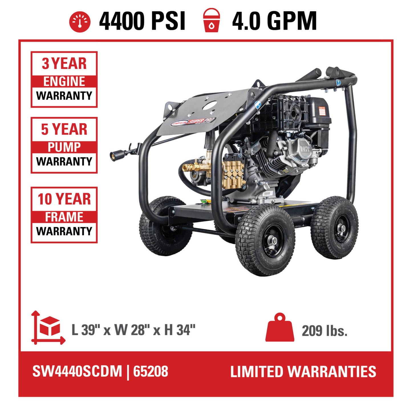 SIMPSON SuperPro Roll-Cage SW4440SCDM 4400 PSI at 4.0 GPM CRX®420 with AAA® Triplex Plunger Pump Cold Water Professional Gas Pressure Washer- PowerGen USA