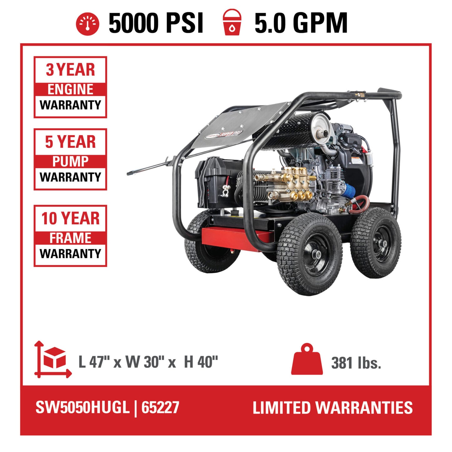 SIMPSON SuperPro Roll-Cage SW5050HUGL 5000 PSI at 5.0 GPM HONDA® GX690 with a UDOR® Industrial Triplex Pump Cold Water Professional Gear Drive Gas Pressure Washer- PowerGen USA