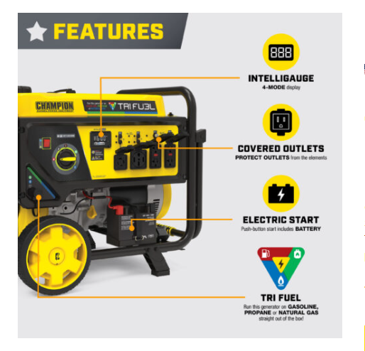 Champion 201438 Champion 9200 Watt TRI FUEL w/Electric Start - PowerGen USA
