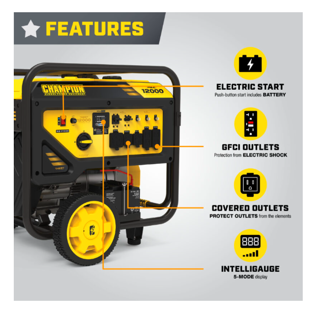Champion 201160 Champion 12,000W Electric Start Generator with CO Shield® – Model #201160 – V-Twin Engine
