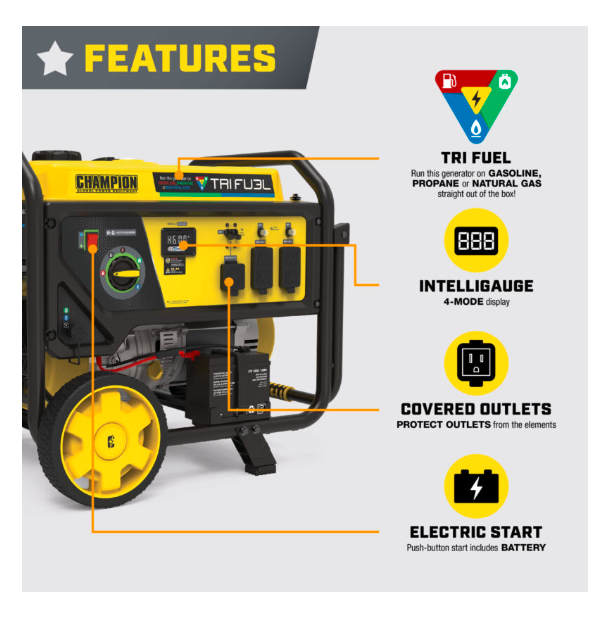 Champion 201169 Champion 6500W Electric Start Tri-Fuel Generator with CO Shield® – Model #201169 – Runs on Gas
