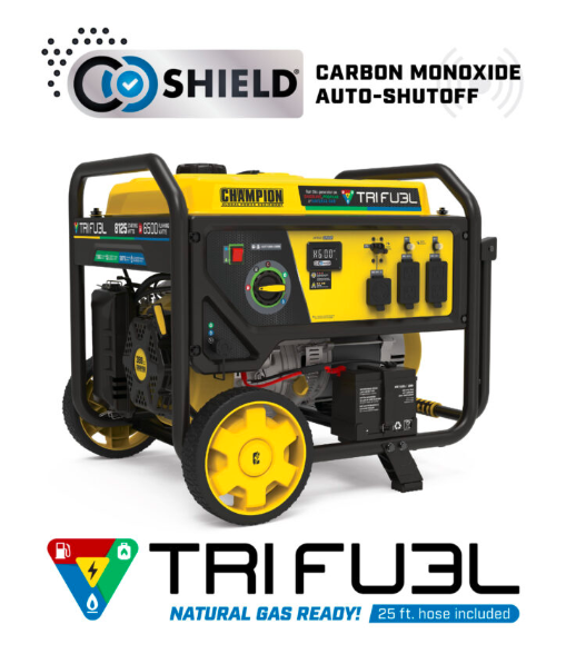 Champion 201169 Champion 6500W Electric Start Tri-Fuel Generator with CO Shield® – Model #201169 – Runs on Gas
