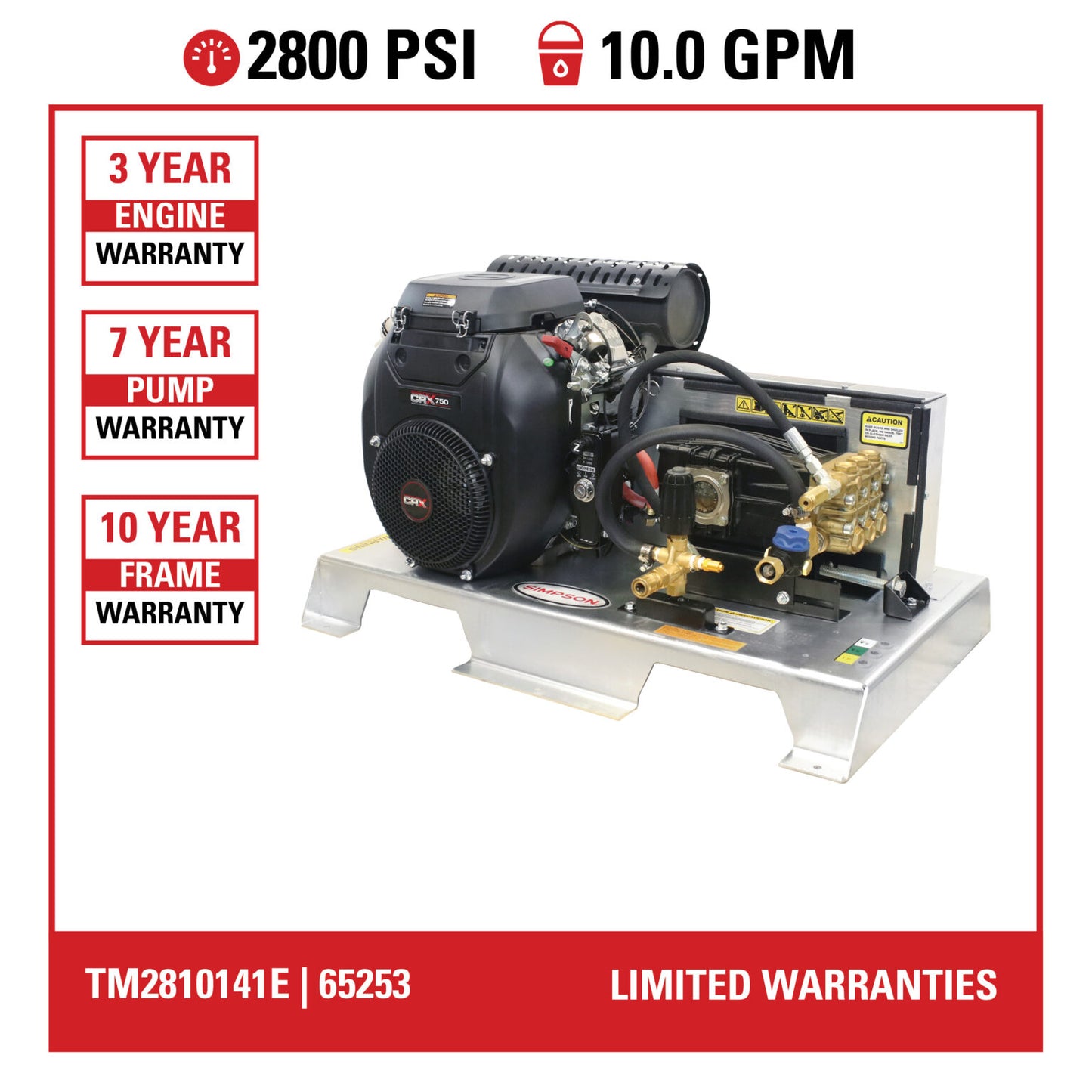 SIMPSON Truck Mount Series TM2810141E 2800 PSI at 10.0 GPM CRX® 750 with UDOR® Triplex Plunger Pump Cold Water Gas Industrial Pressure Washer- PowerGen USA