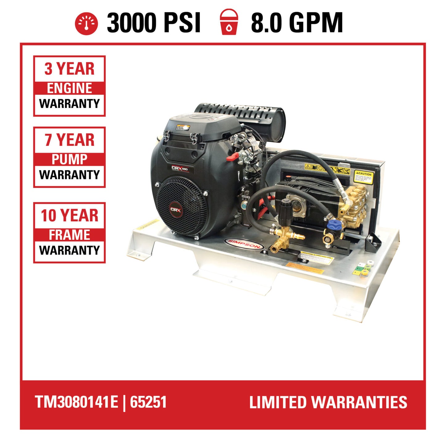 SIMPSON Truck Mount Series TM3080141E 3000 PSI at 8.0 GPM CRX® 680 with UDOR® Triplex Plunger Pump Cold Water Gas Industrial Pressure Washer- PowerGen USA