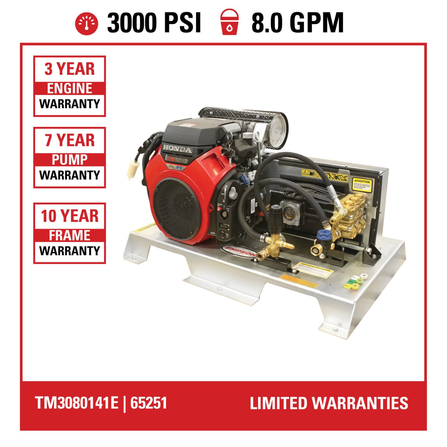 SIMPSON Truck Mount Series TM3080241E 3000 PSI at 8.0 GPM HONDA® GX690 with UDOR® Triplex Plunger Pump Cold Water Gas Industrial Pressure Washer- PowerGen USA