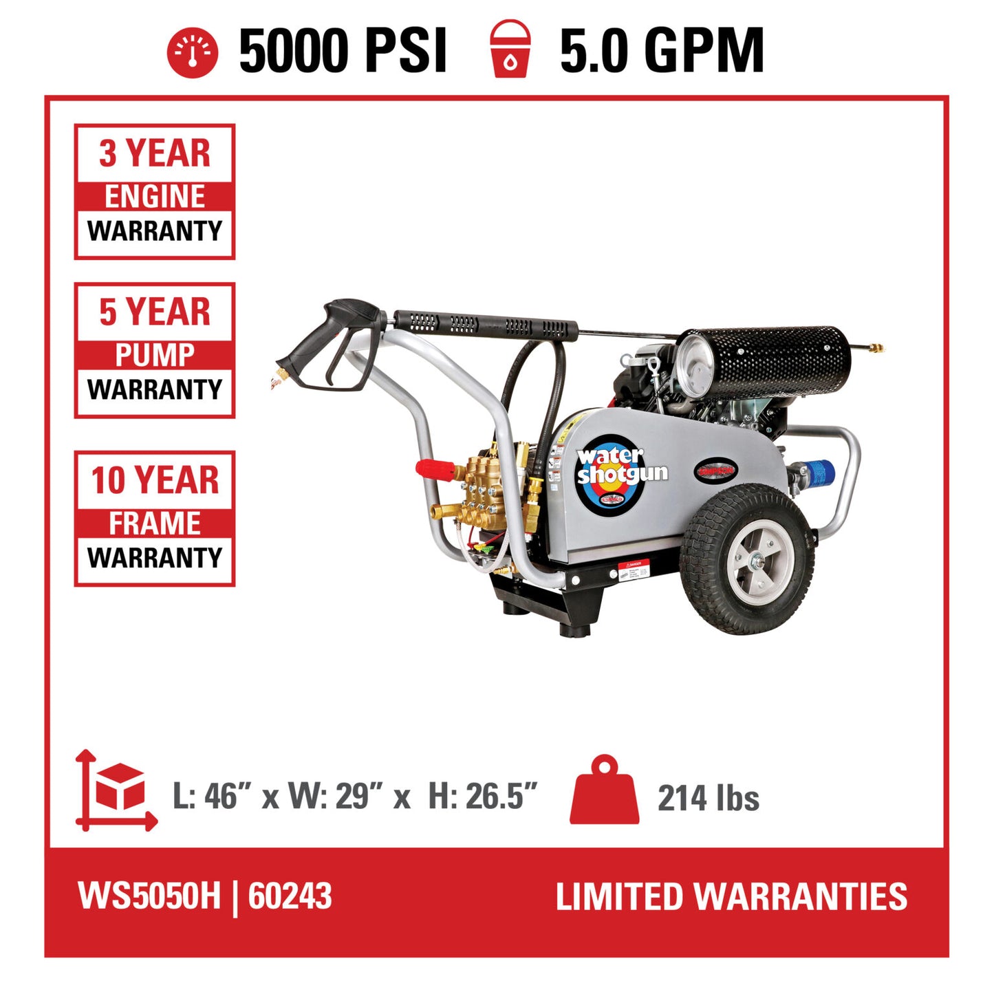 SIMPSON WS5050231E Water Shotgun WS5050H 49-State 5000 PSI at 5.0 GPM HONDA GX690 with COMET Triplex Plunger Pump Cold Water Professional Belt Drive Gas Pressure Washer- PowerGen USA