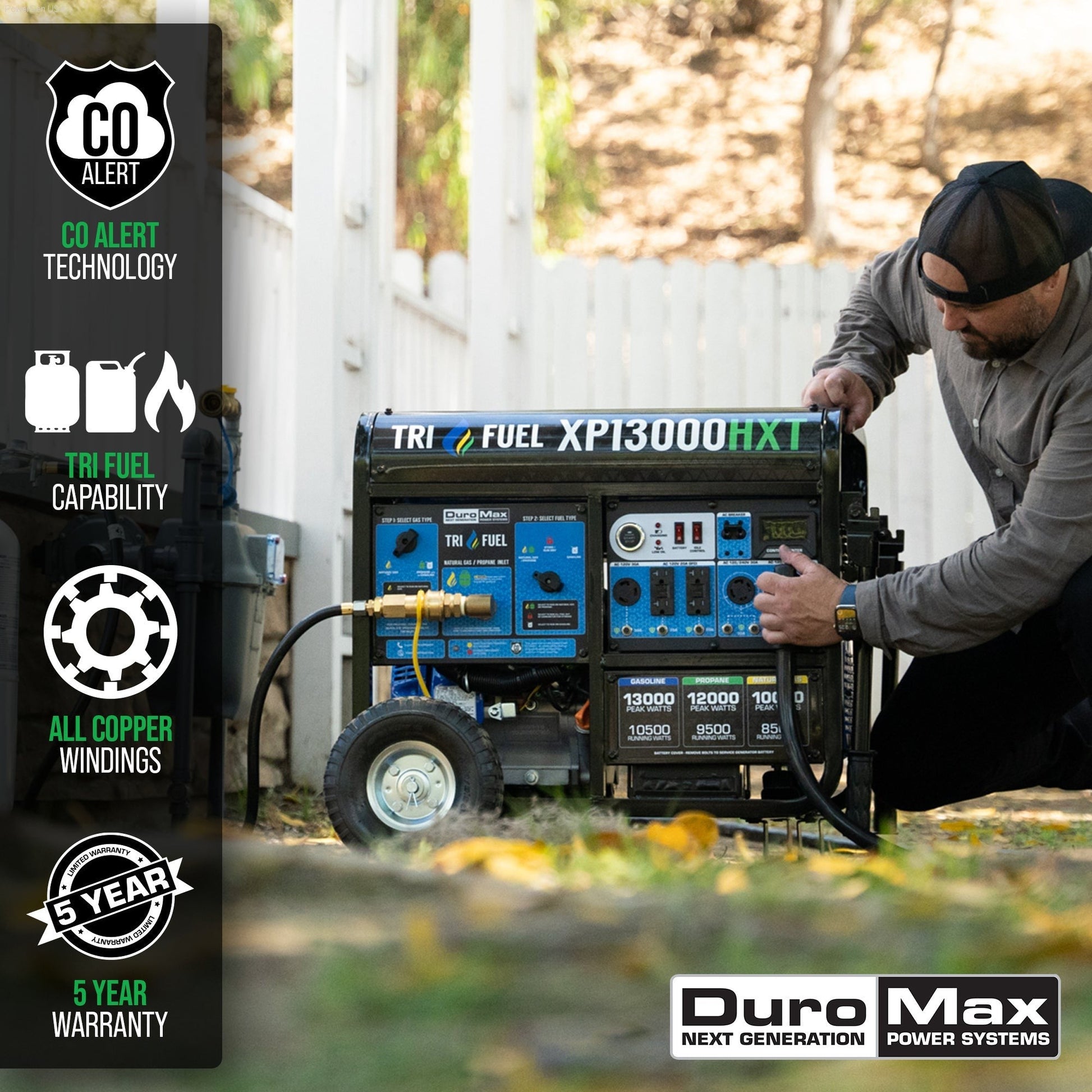 Dual Fuel Hybrid - DuroMax XP13000HXT 13,000 Watt Tri Fuel Portable Home Power Backup HXT Generator W/ CO Alert