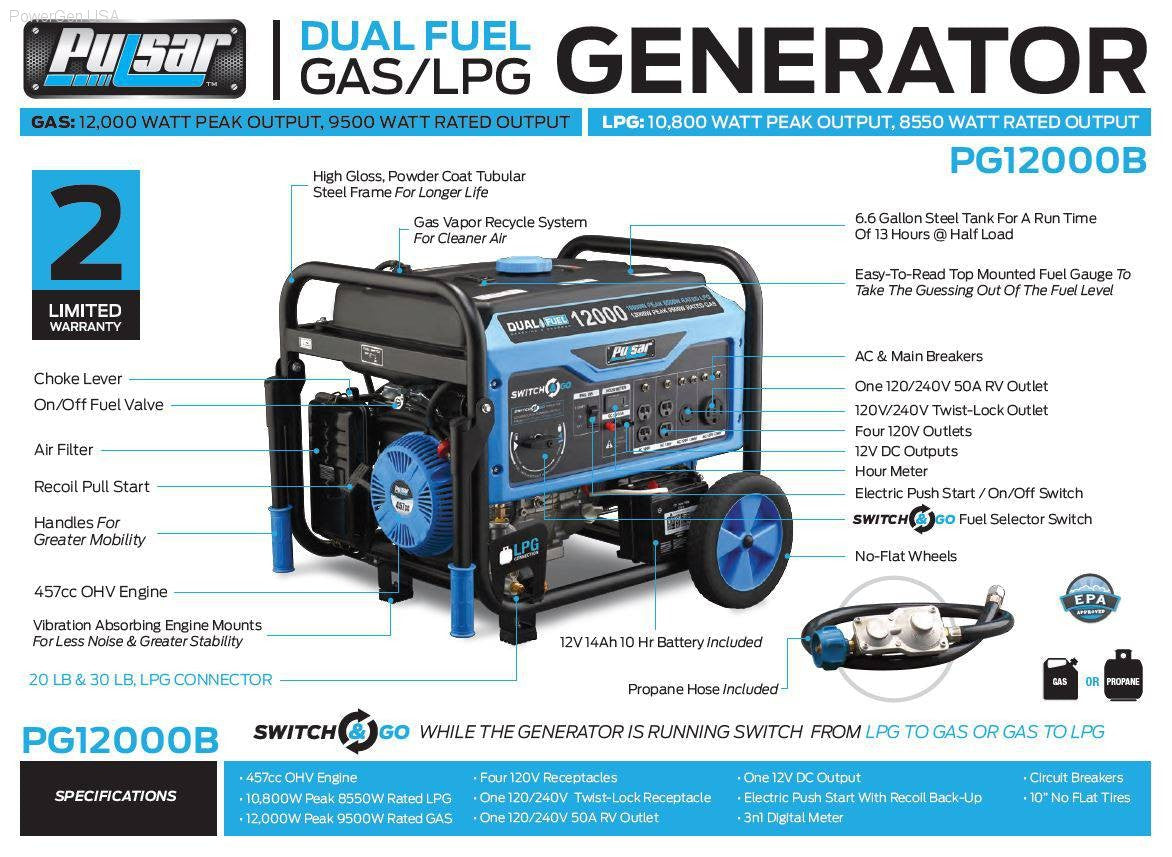 Dual Fuel Hybrid - Pulsar PG12000B-12,000W Dual Fuel Portable Generator With Electric Start And Switch & Go Technology