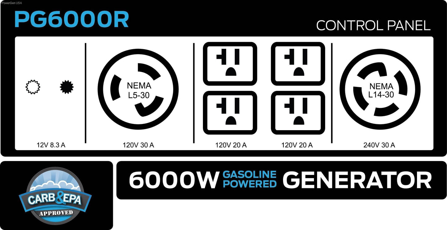 Gas Generators - Pulsar PG6000R-6000W Generator RATED 5000W Carb Approved