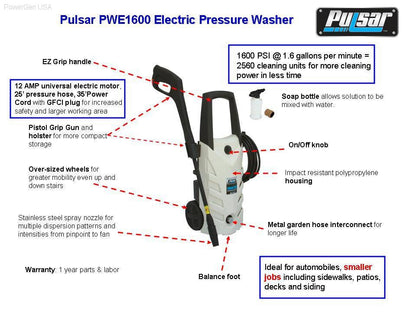 Pressure Washers - Pulsar PWE1600-1600 PSI At 1.6 GPM Electric Pressure Washer