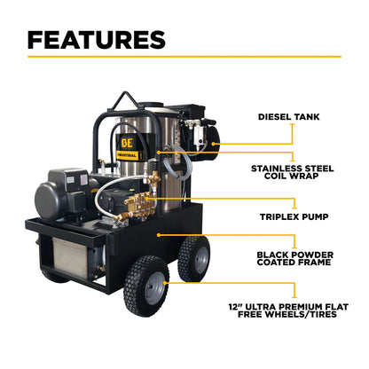 BE POWER EQUIPMENT 2,300 PSI 4.0 GPM Hot Water Electric Pressure Washer with General Triplex Pump - 15-423