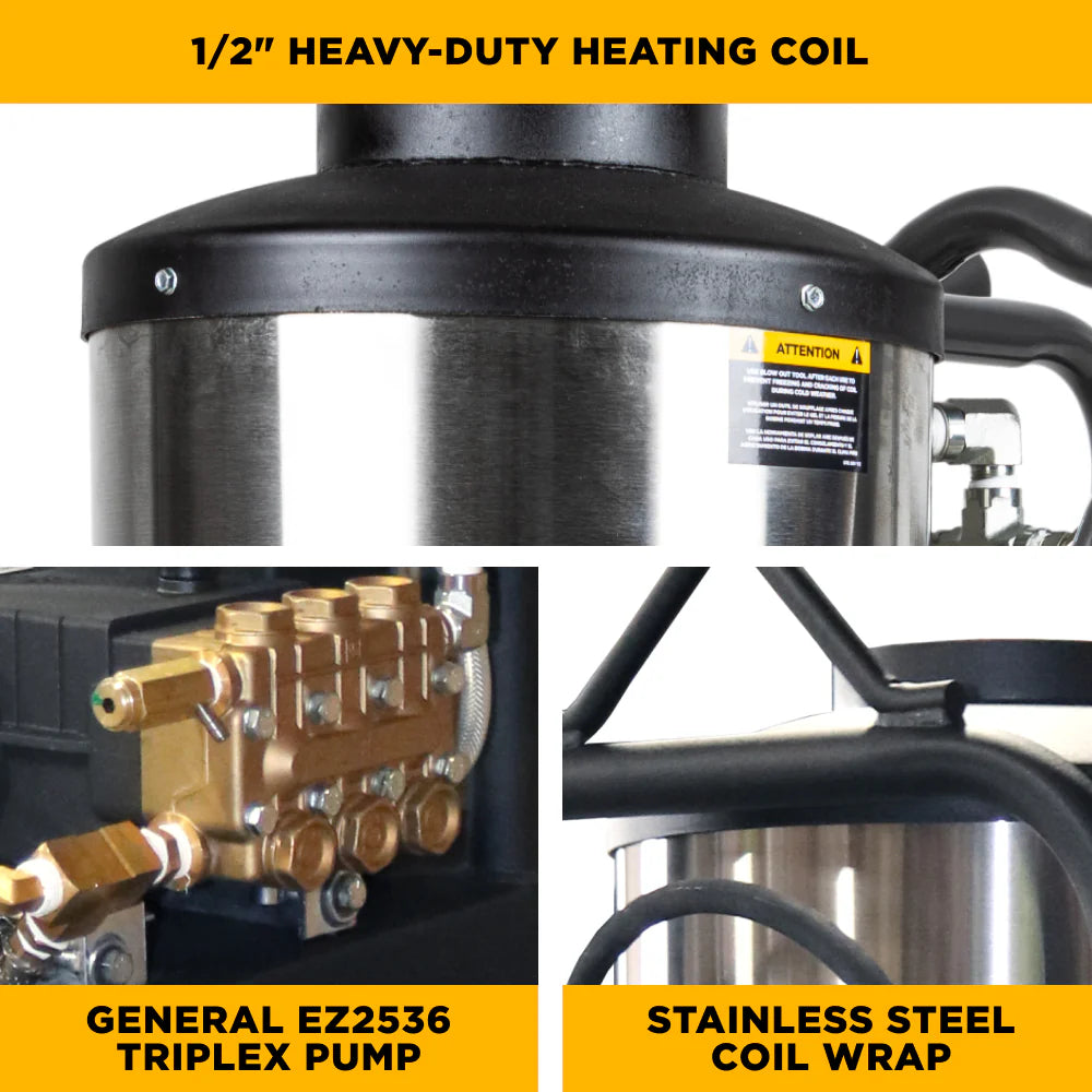 BE POWER EQUIPMENT 2,300 PSI 4.0 GPM Hot Water Electric Pressure Washer with General Triplex Pump - 15-423