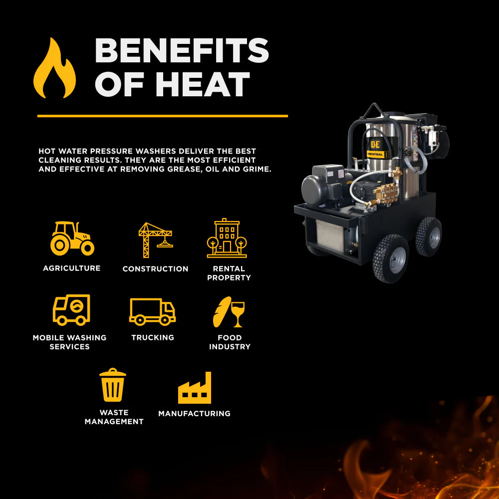 BE POWER EQUIPMENT 2,300 PSI 4.0 GPM Hot Water Electric Pressure Washer with General Triplex Pump - 15-423